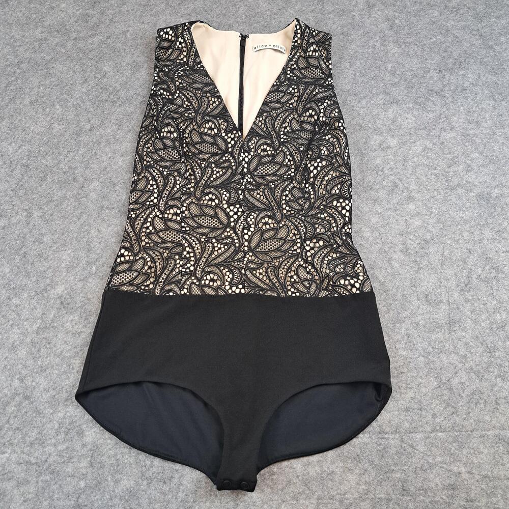 Alice + Olivia Bodysuit Women Small Black Lace Sheer Nude Lined Zip Back Snap